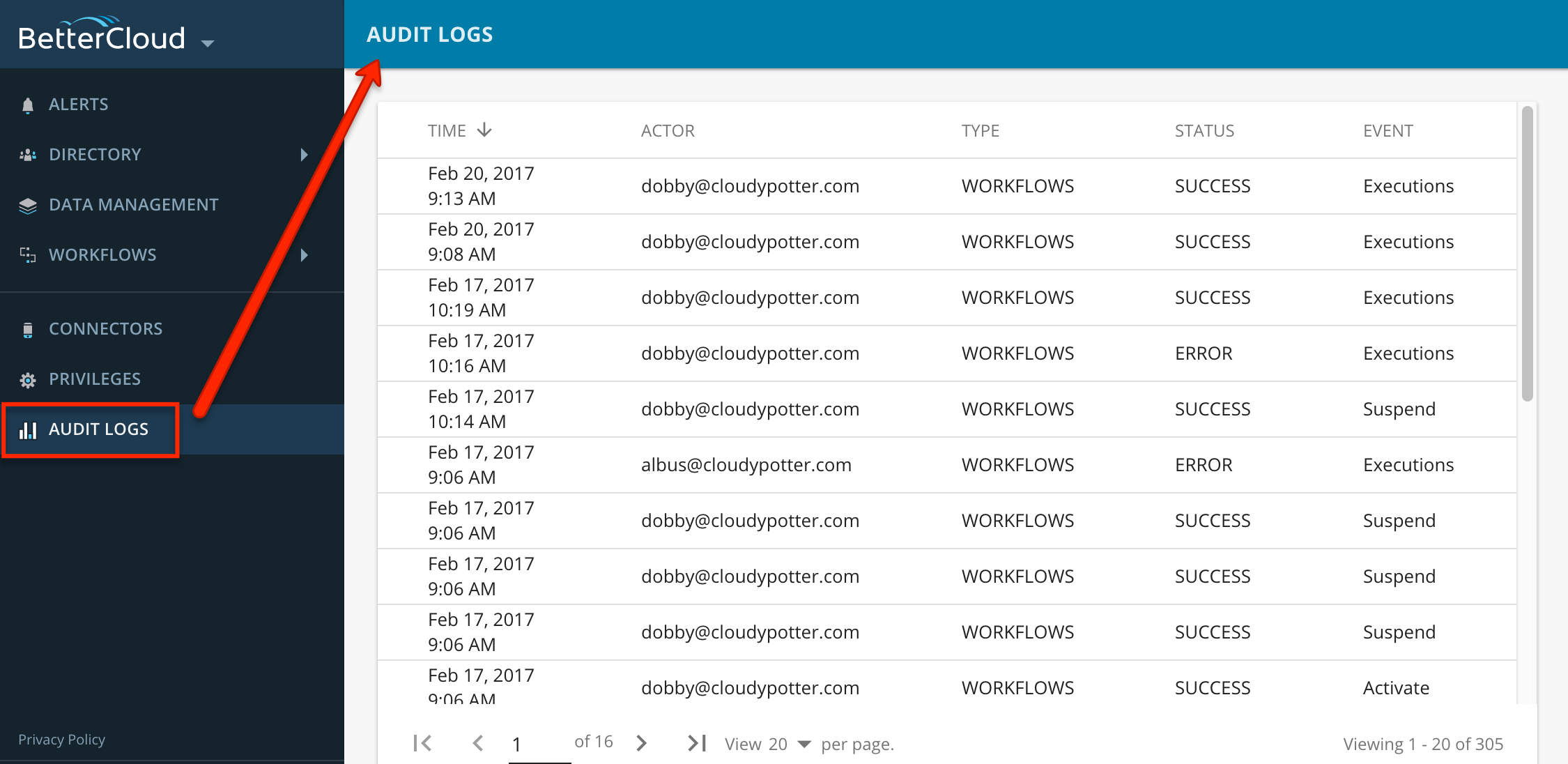 BetterCloud audit logs interface highlights key details including time, actor, type, status, and event columns. A prominent red arrow from the left menu directs attention to the audit logs section. Entries vary in status; some are marked as 'success,' while others indicate 'error,' showcasing a mix of successful and failed events.