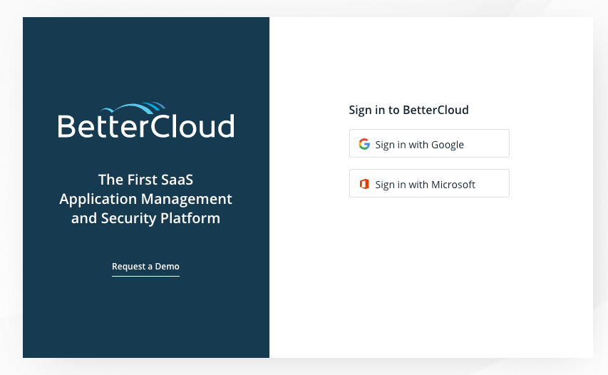 The BetterCloud login page showcases a clean, modern interface with options to sign in using either Google or Microsoft accounts, prominently displayed as buttons with respective logos. Below these options is a distinct button labeled "Request a Demo," inviting users to learn more about the platform. The layout is user-friendly, featuring soft tones and simple design elements that emphasize ease of navigation and clarity.