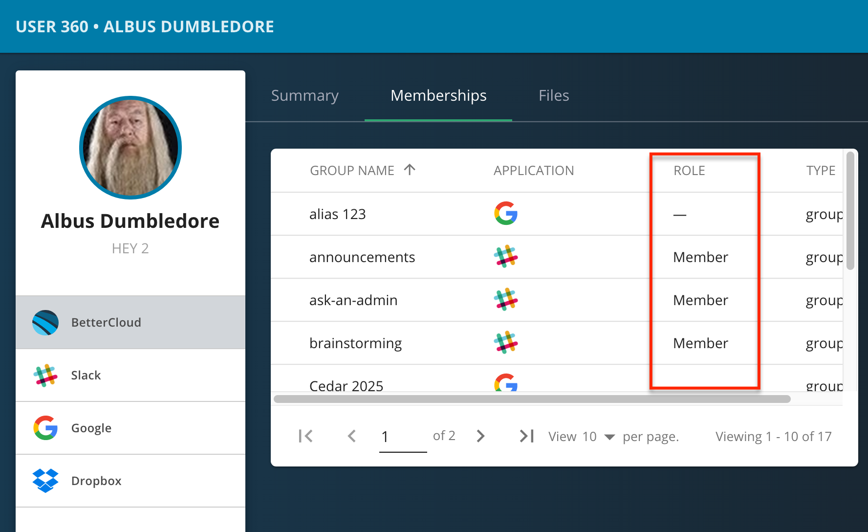 Albus Dumbledore’s user profile page displays his memberships in various groups, listing his role as 'Member' for each. The page also indicates group applications, which include Slack and Google. The layout is clean and organized, providing a clear overview of his affiliations and associated platforms.