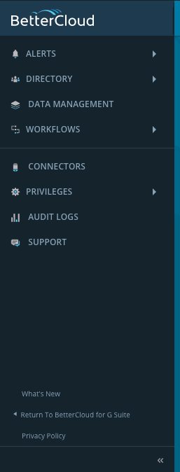 The BetterCloud menu interface screenshot displays options including Alerts, Directory, Data Management, Workflows, Connectors, Privileges, Audit Logs, and Support. Each option is listed in a vertical column on the left side of the screen against a dark background. The interface also features simple icons next to each menu item for easy identification.
