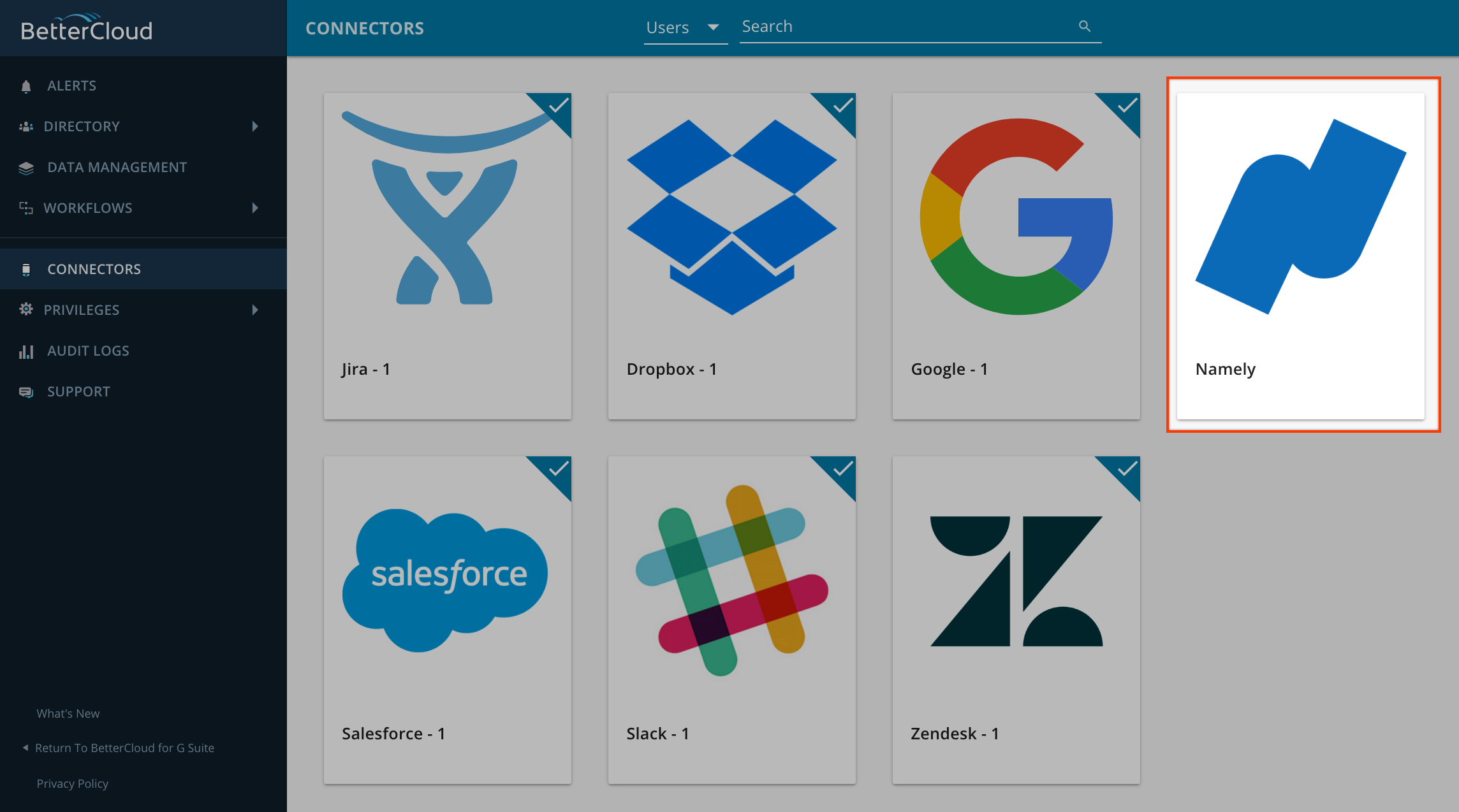 The BetterCloud dashboard showcases a grid of various integration connectors such as Jira, Dropbox, Google, Salesforce, Slack, Zendesk, and Namely. Namely is prominently highlighted with a blue border, indicating it is currently selected or emphasized. Each connector is represented by its logo for easy identification. The interface has a clean and organized layout designed to facilitate the management of different software integrations.