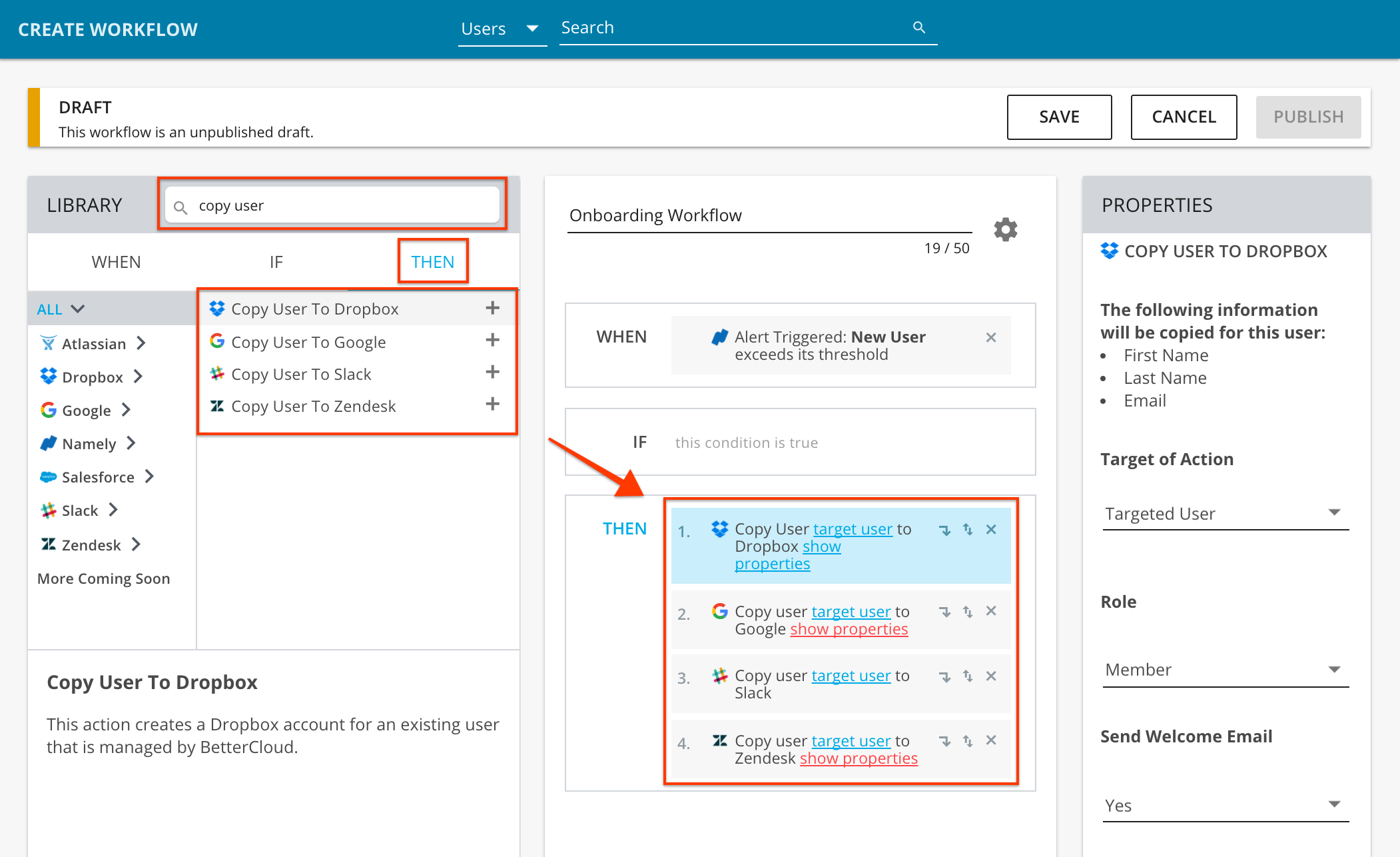 A user interface for designing an onboarding workflow. The central part displays a step titled "Copy User to Dropbox on Alert" with arrows indicating the flow of actions. On the right side, a panel outlines conditions and properties related to the step, including fields for entering alert criteria and destination options within Dropbox. Various navigation buttons and dropdown menus are visible, enabling customization of the workflow's parameters and settings. The overall layout is clean and organized, emphasizing ease of use for creating automated processes.
