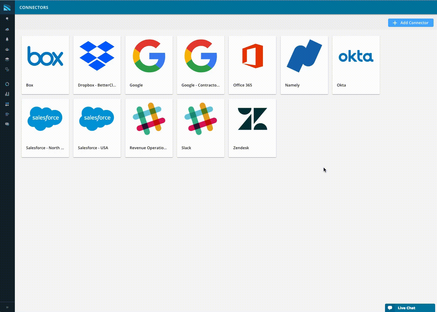 Dashboard showcasing an array of app connectors with logos of Box, Dropbox, Google, Office 365, Namely, Okta, Salesforce, Revenue Operations, Slack, and Zendesk. An 'Add More Connectors' button is prominently featured on the interface. The layout is organized in a clean grid format for easy navigation and integration management.