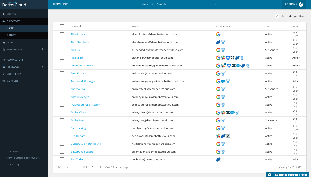Admin panel displaying a user list with columns for name, email, connector, and status. Several users have 'Suspended' marked in the status column adjacent to their email addresses. The panel is designed with a clean layout featuring rows of user data for easy management and oversight by administrators.