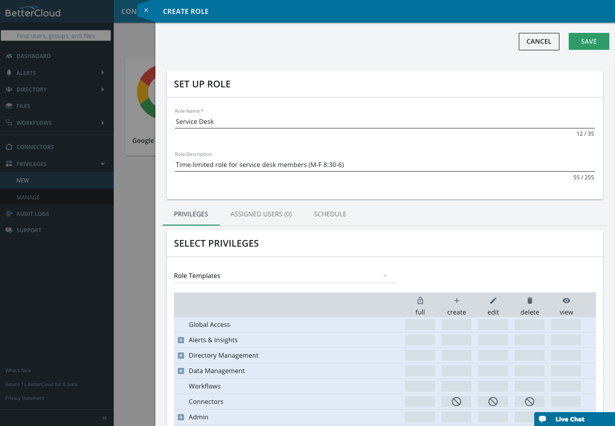 A computer screen showing the "Create Role" page of a software application. The interface includes fields for entering role name and role description, along with numerous options for setting various privileges. Icons and text boxes are neatly arranged, providing a clean and intuitive user experience for creating custom roles within the software.