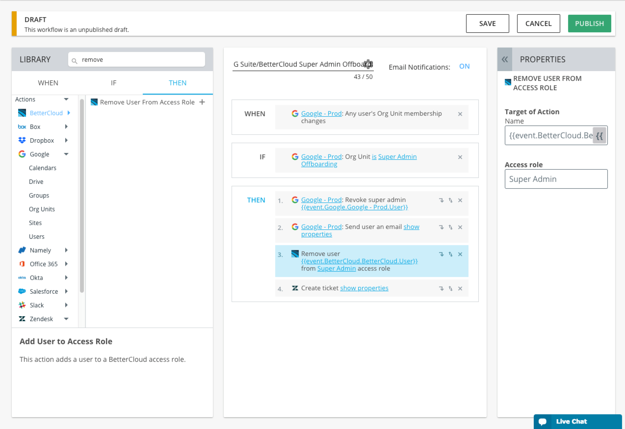 A software interface showcases a workflow draft designed to remove a user from an access role. The draft is arranged in a clear, structured format with distinct sections for triggers, conditions, and actions. A sidebar on the left presents various option tabs such as "Triggers," "Conditions," and "Actions" for customizing the workflow. Each step of the workflow is connected by arrows, indicating the sequential process flow. The interface features clean lines and intuitive navigation elements that facilitate easy interaction.