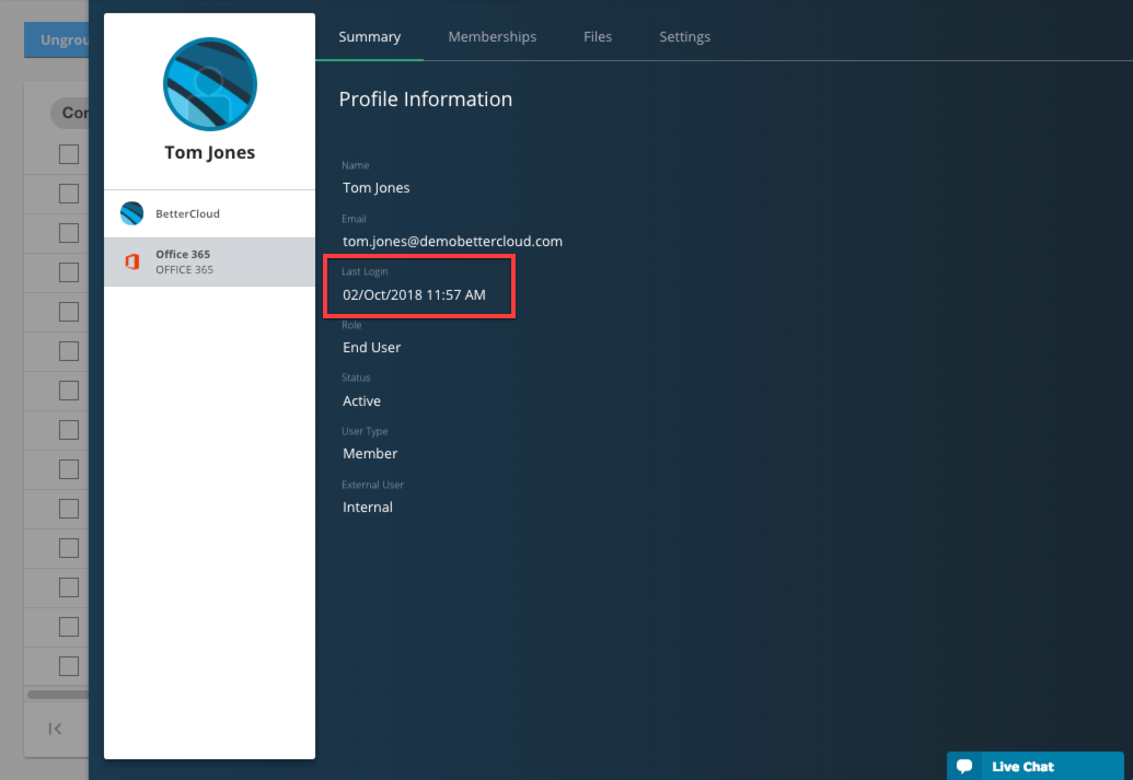 Profile screen showing user details for Tom Jones, including name, email address, last login date and time (02/01/2018 at 11:57 AM), and role identified as End User. The software interface is clean with a clear layout, facilitating easy access to user information.