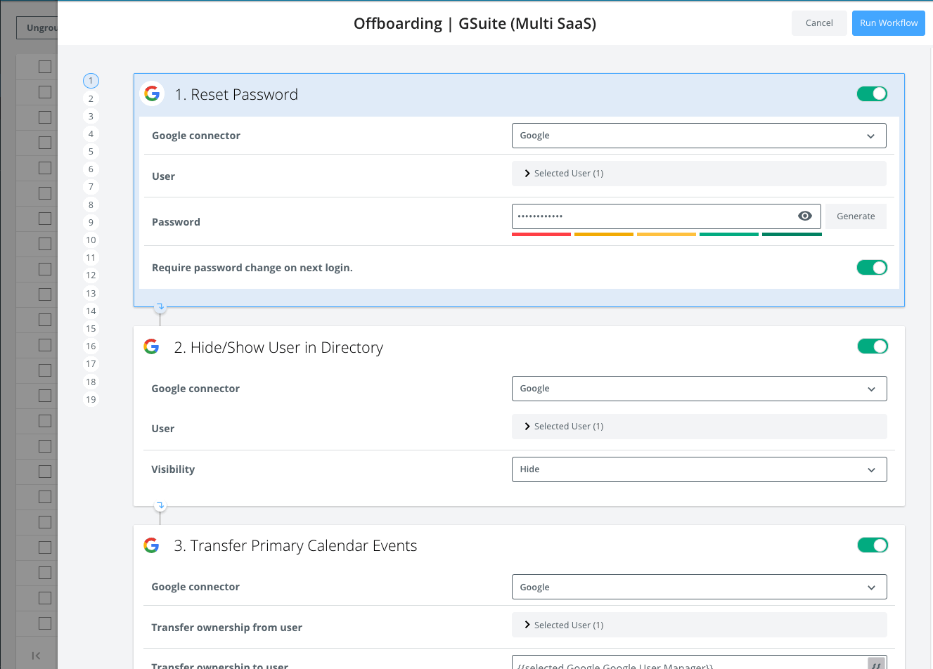 A screenshot displaying a GSuite offboarding workflow. Key steps are listed sequentially: password reset, toggling user visibility in the directory, and transferring primary calendar events. Each step is annotated with checkboxes and brief instructions, using a clean, organized layout to guide administrators through the offboarding process efficiently.