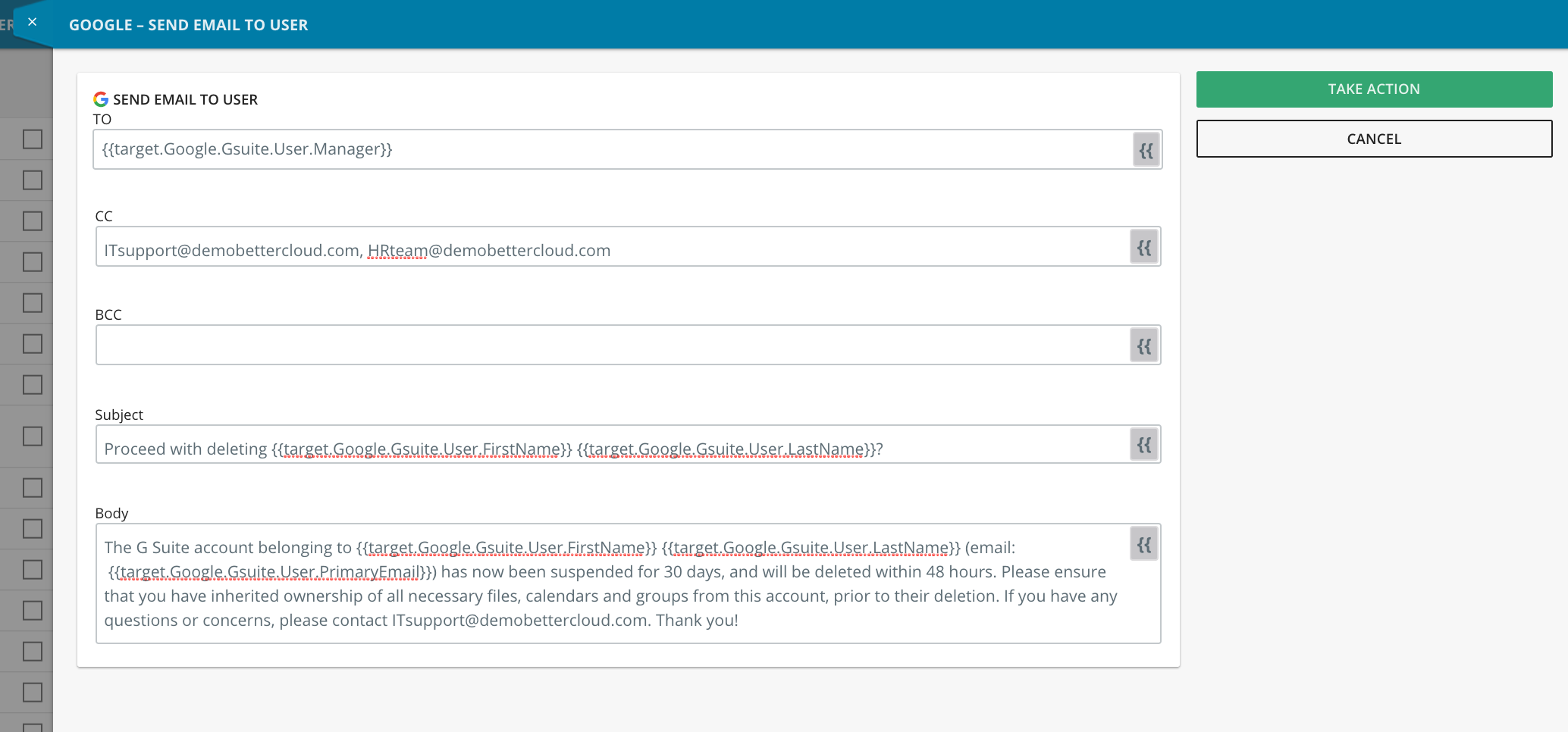 A user interface for sending an email related to Google G Suite account management. The form features fields labeled "To," "CC," and "BCC" for entering recipient email addresses, a "Subject" field to specify the email topic, and a larger text area for composing the message body. The interface is clean and straightforward, designed to facilitate easy communication with G Suite users.
