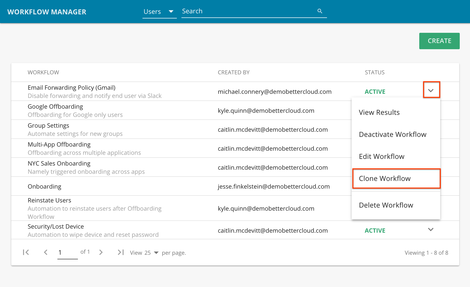 The Workflow Manager interface displays a table listing multiple workflows created by various users. Each row in the table represents a workflow and includes options to View Results, Activate, Edit, Clone, and Delete the respective workflow. Buttons or icons for these actions are positioned adjacent to each workflow entry for easy access. The interface has a clean, organized layout with clear labels and user-friendly navigation features designed to enhance productivity in managing workflows.